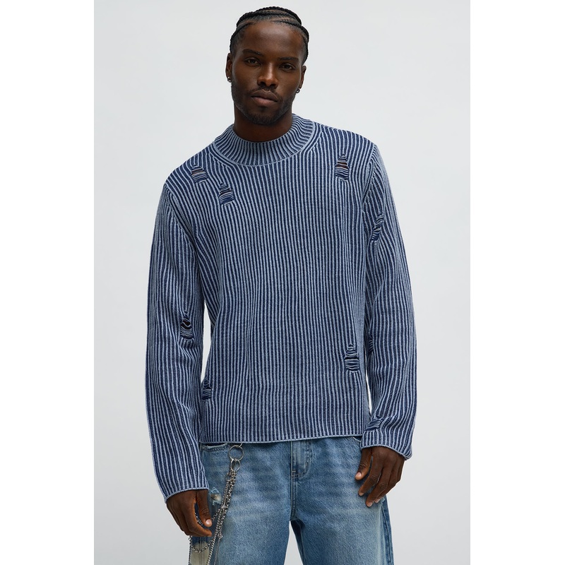 Cedarwood Distressed Mockneck Sweater – Blue/combo