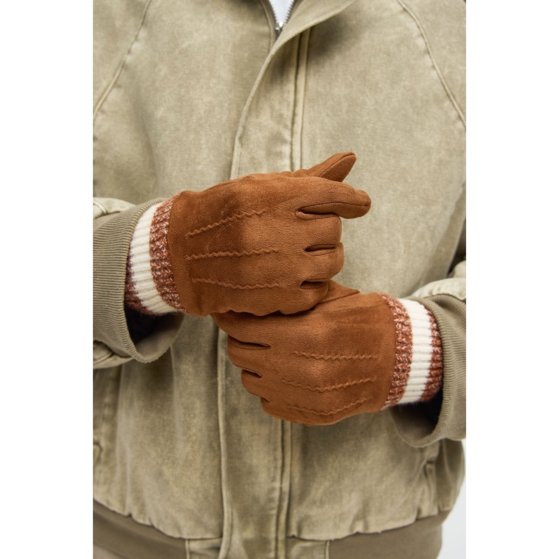 Faux Suede Ribbed Cuff Grip Gloves – Brown