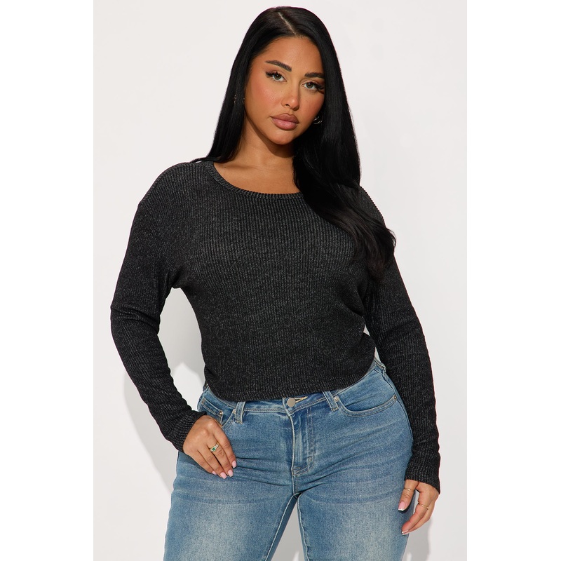 Odette Crew Neck Hacci Long Sleeve Top – Charcoal