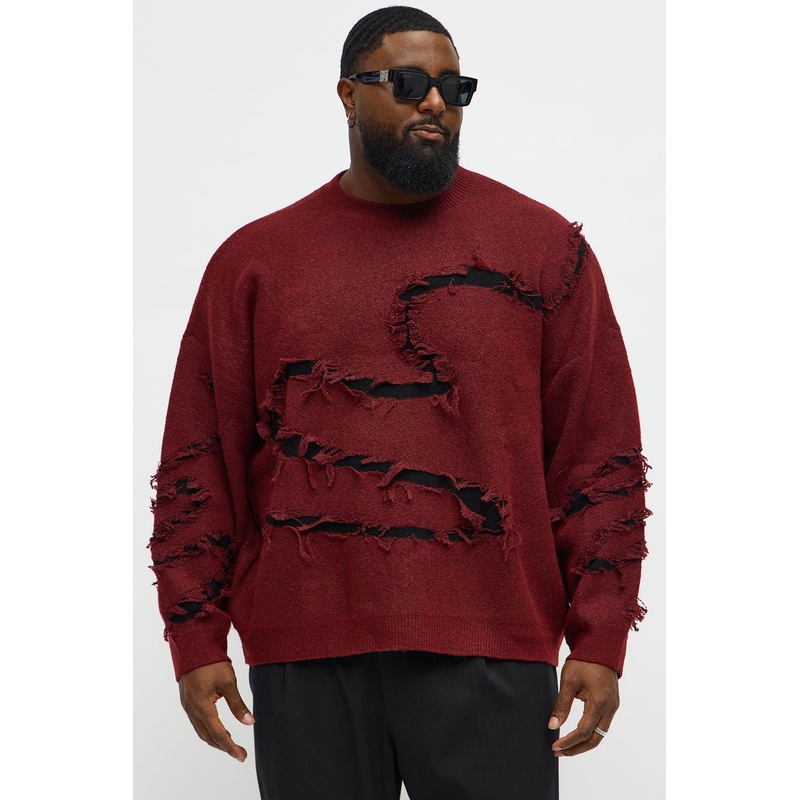 Oversized Trials Distressed Crewneck Sweater – Burgundy/combo