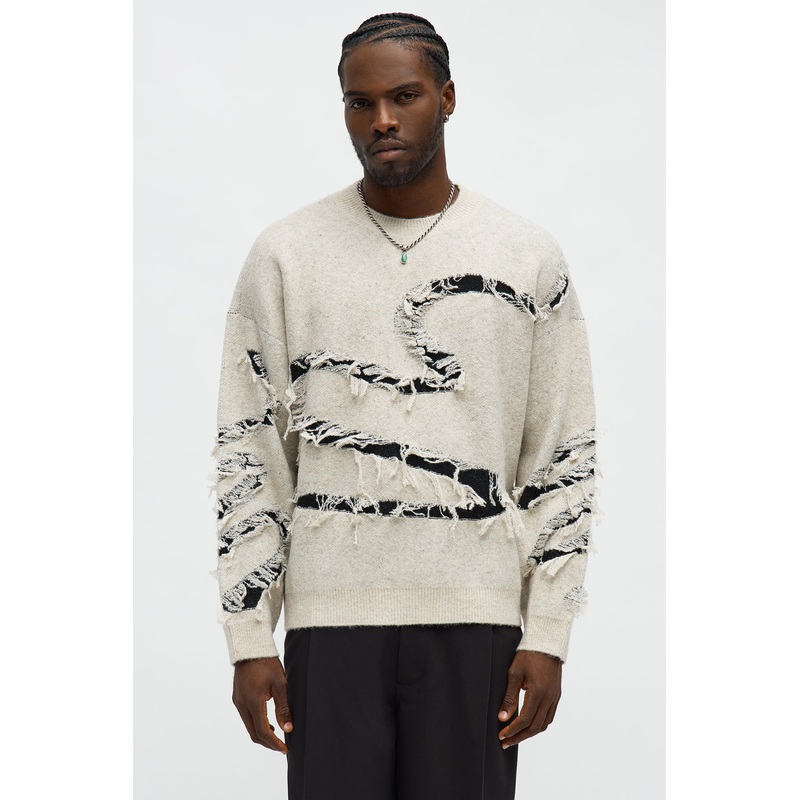 Oversized Trials Distressed Crewneck Sweater – Oatmeal/combo