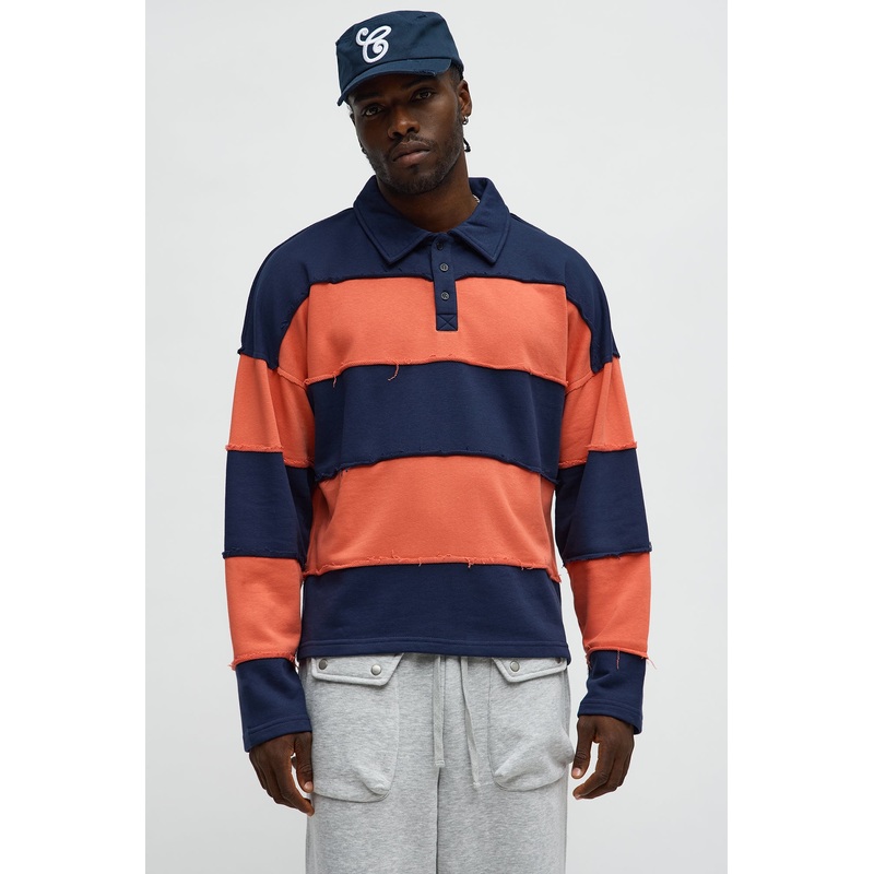 Relaxed Striped Distressed On The Block Long Sleeve Polo – Navy/combo