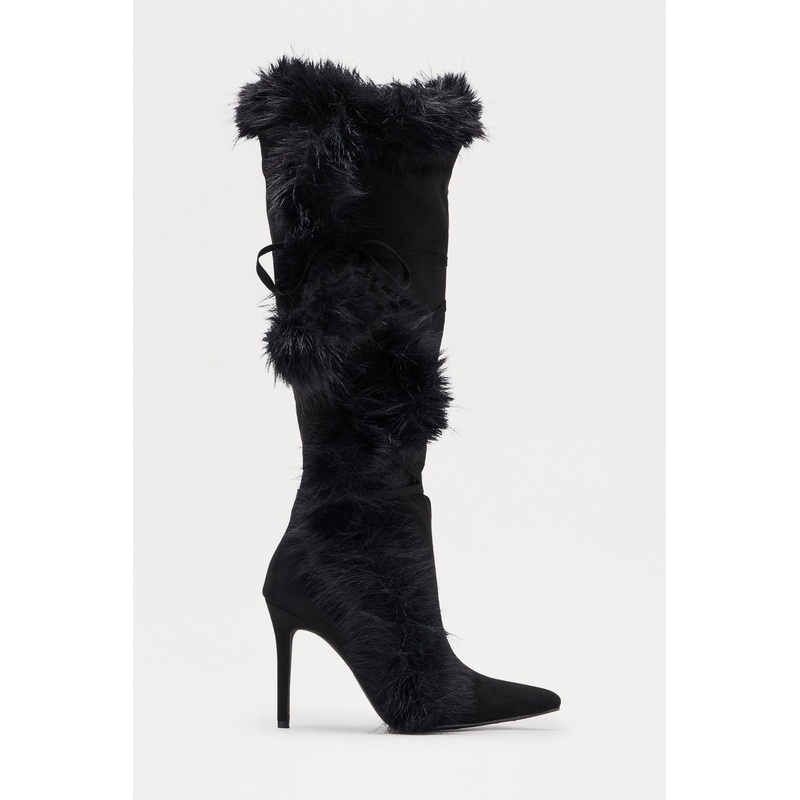 Signature Fur Trim Knee High Boots – Black