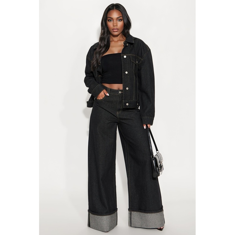 Sooner Or Later Cuffed Wide Leg Jeans – Dark Denim