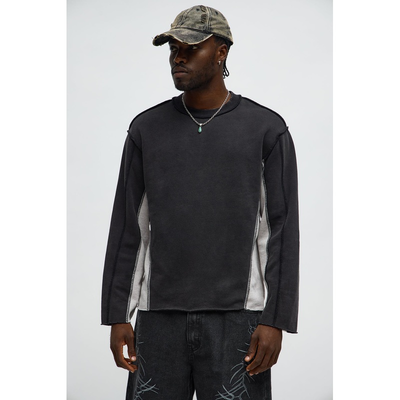Tyson Relaxed Colorblock Panel Crewneck Sweatshirt – Black Wash