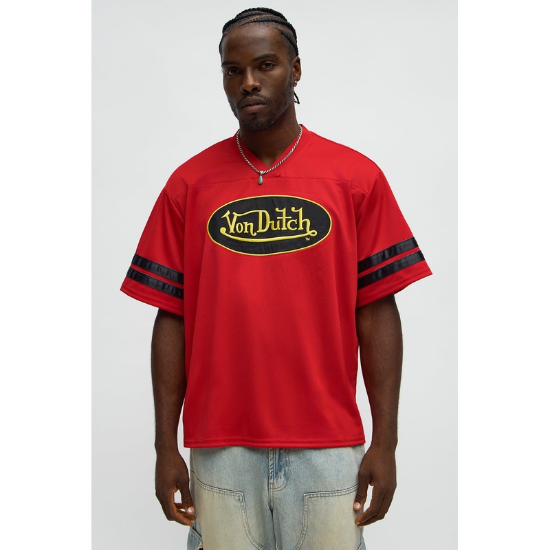 Von Dutch Center Patch V Neck Tee – Red/combo