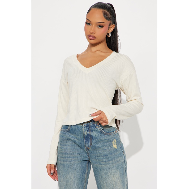 Bailey Basic V Neck Ribbed Top – Cream