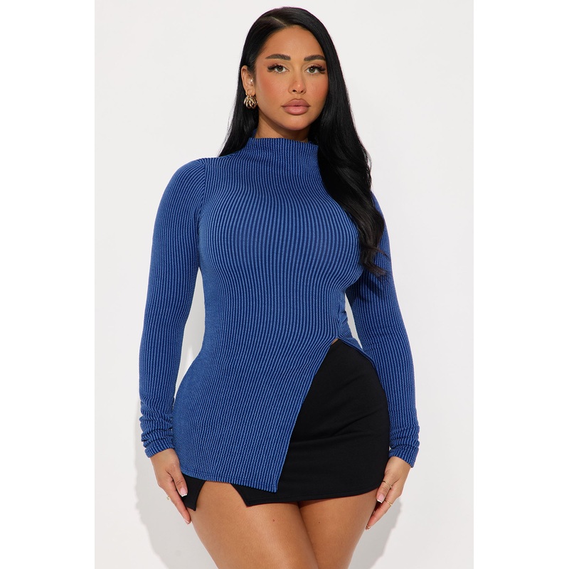 Ika Mock Neck Heavy Ribbed Top – Indigo