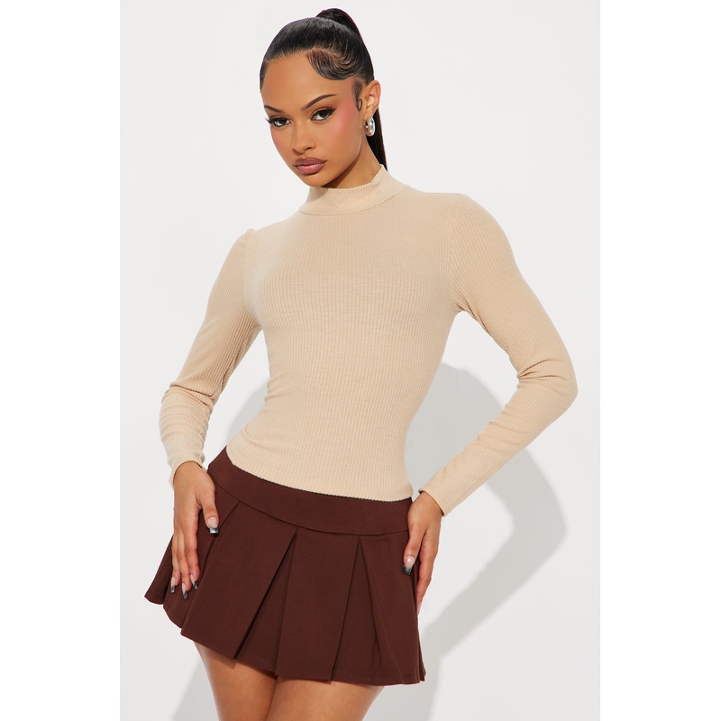 Jayla Mock Neck Ribbed Long Sleeve Top – Taupe