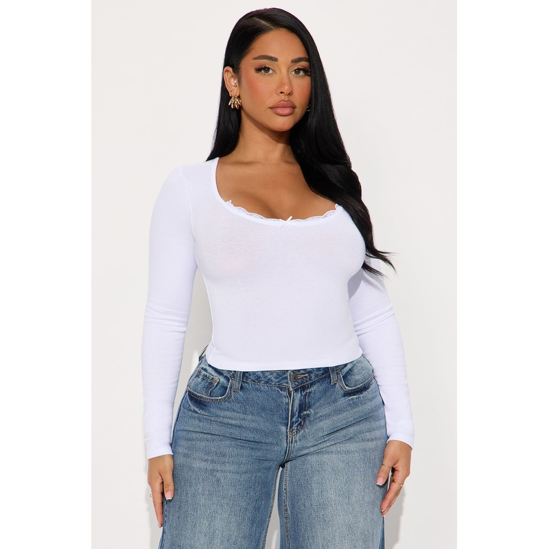 Jayla V Neck Lace Trim Long Sleeve Top – White