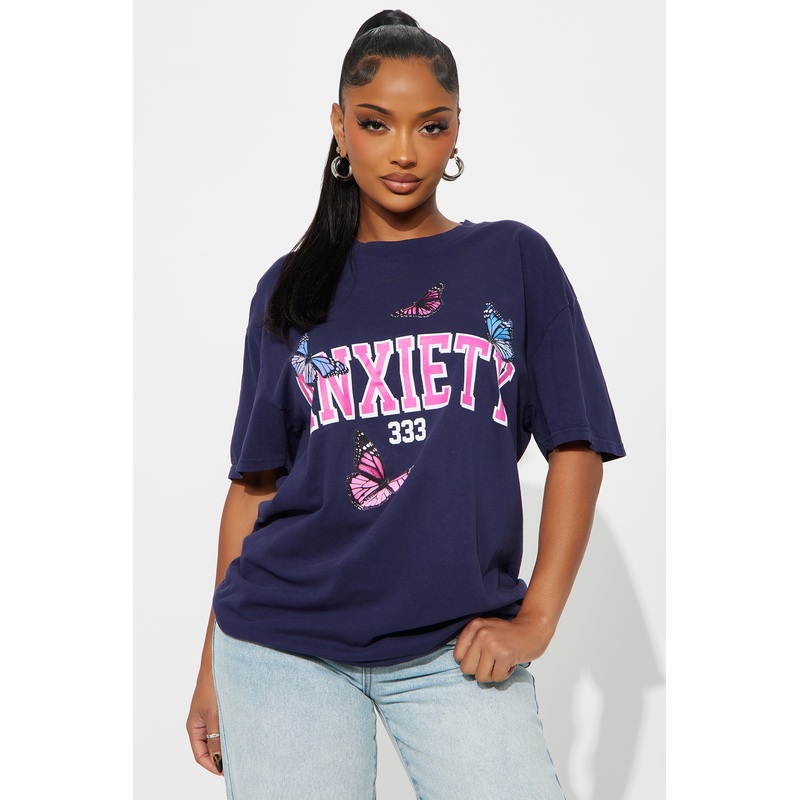 Anxiety Butterfly Washed Oversized Tee – Navy