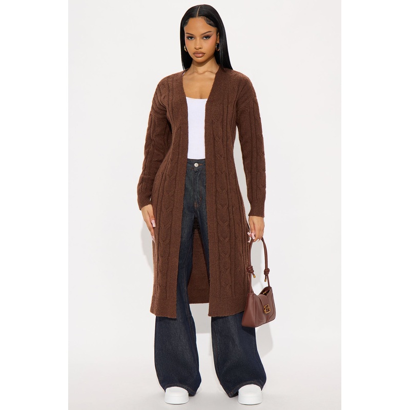 At Ease Cable Knit Long Cardigan – Chocolate
