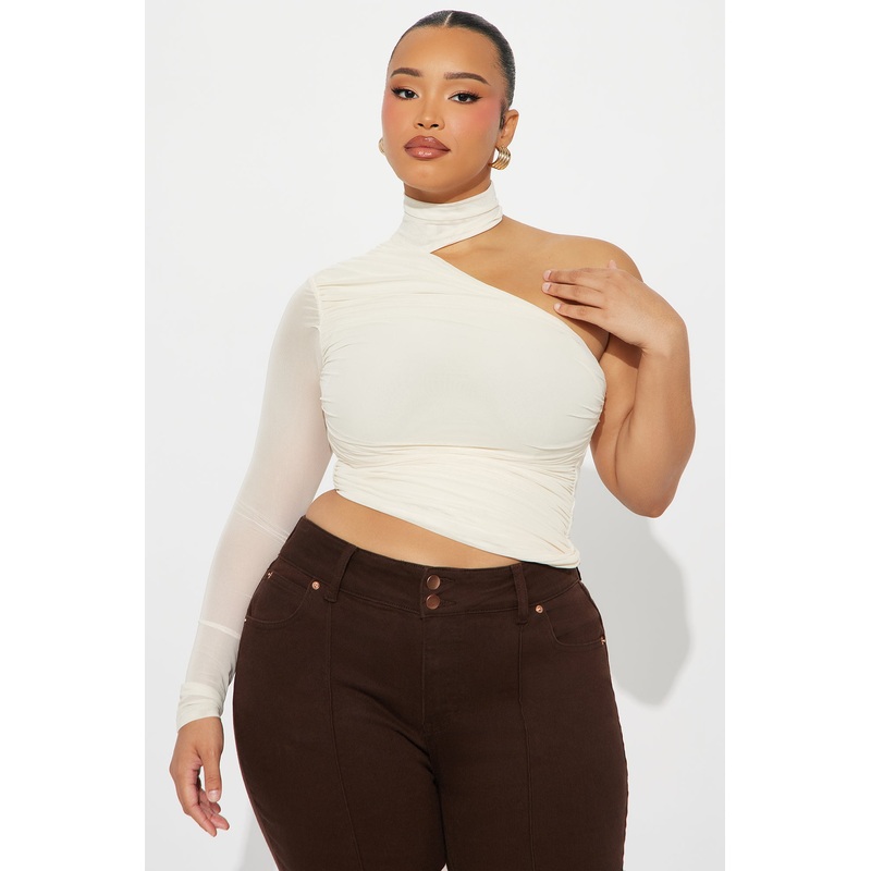 Ex Files Asymmetrical Ruched Mesh Top – Cream