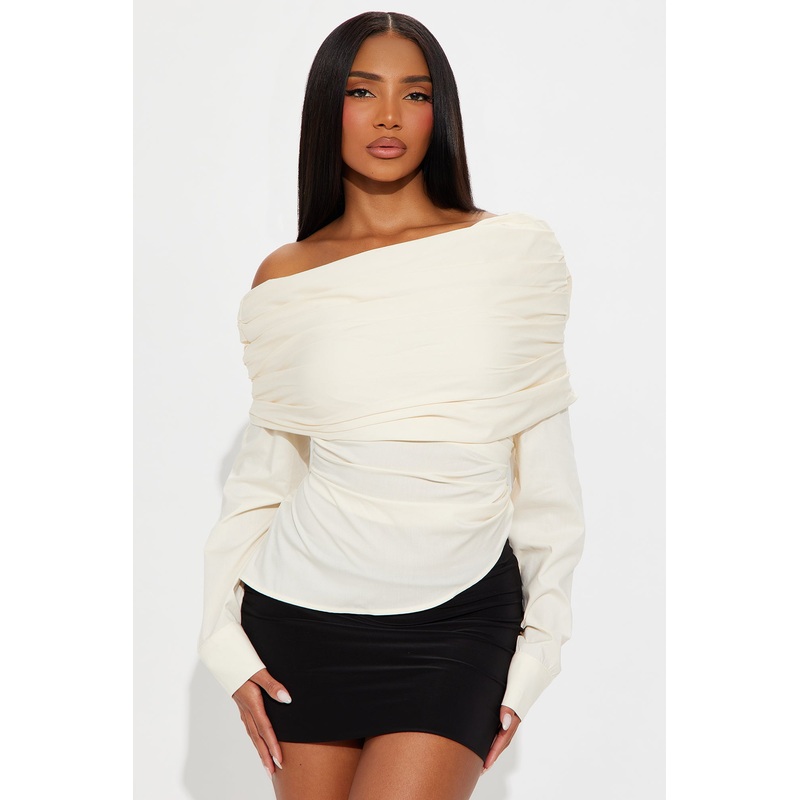 Eye Candy Ruched Off Shoulder Top – Ivory