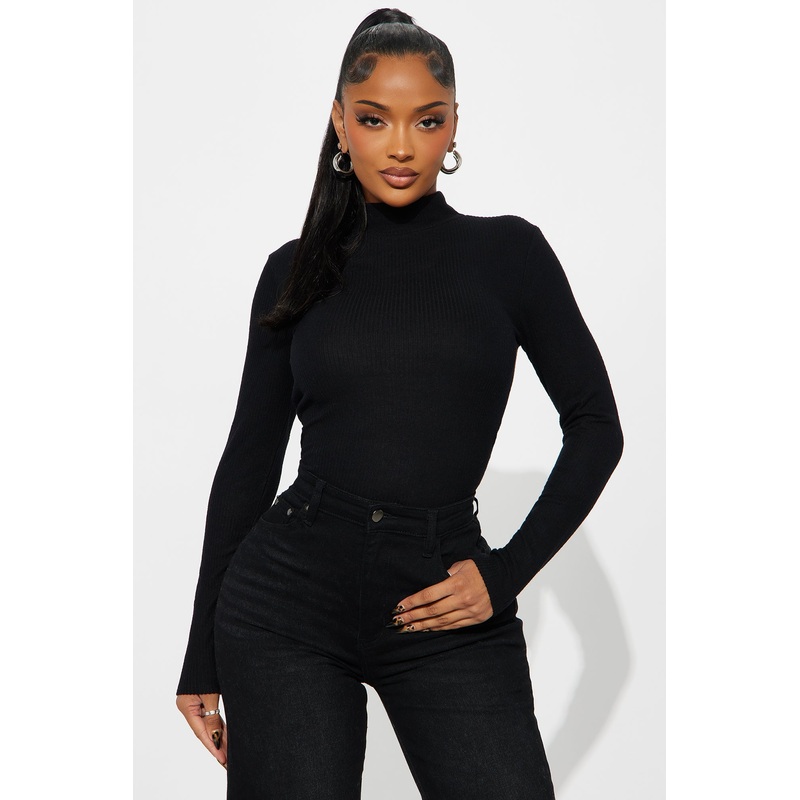 Jayla Mock Neck Ribbed Long Sleeve Top – Black