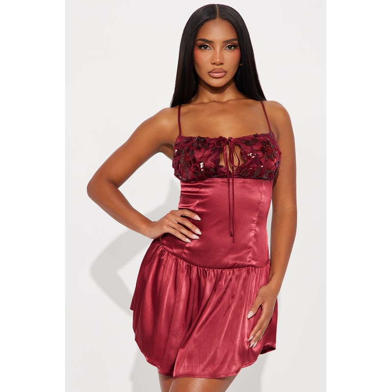 Whimsey Embellished Satin Mini Dress – Wine