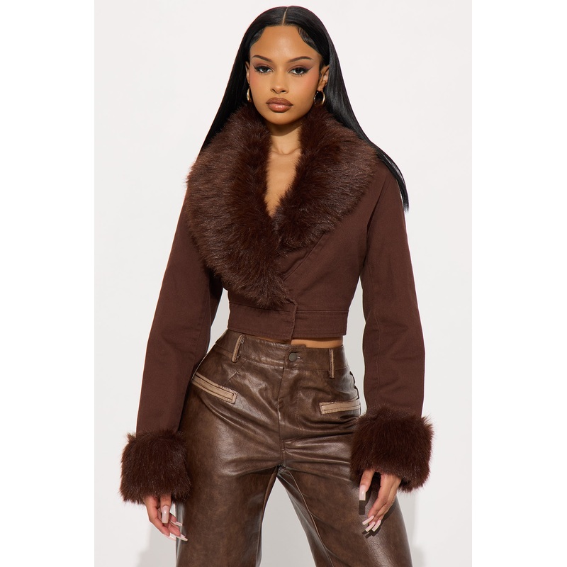 All For You Twill Faux Fur Trim Jacket – Brown