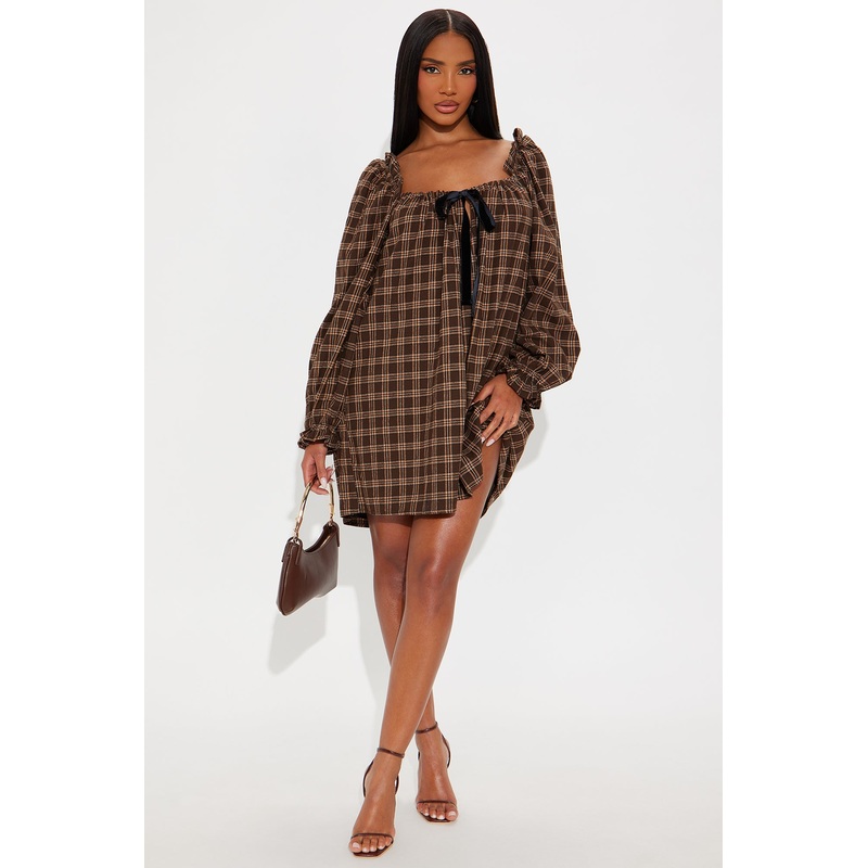 Ashton Plaid Mini Dress – Brown
