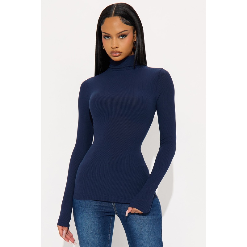 Dana Turtleneck Ribbed Top – Navy