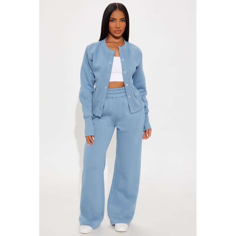 Varsity Girly Fleece Wide Leg Pant Set – Slate Blue