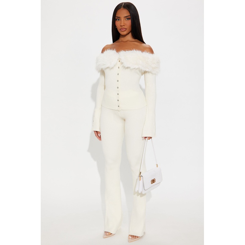 Vera Fur Trim Cardigan Flare Pant Set – Cream