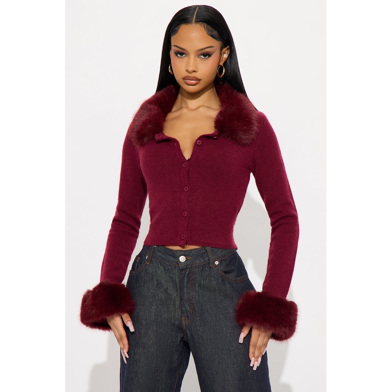 Winter Charm Faux Fur Cardigan – Burgundy