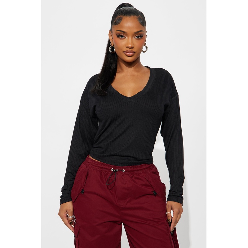Bailey Basic V Neck Ribbed Top – Black