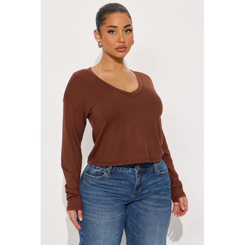Bailey Basic V Neck Ribbed Top – Brown