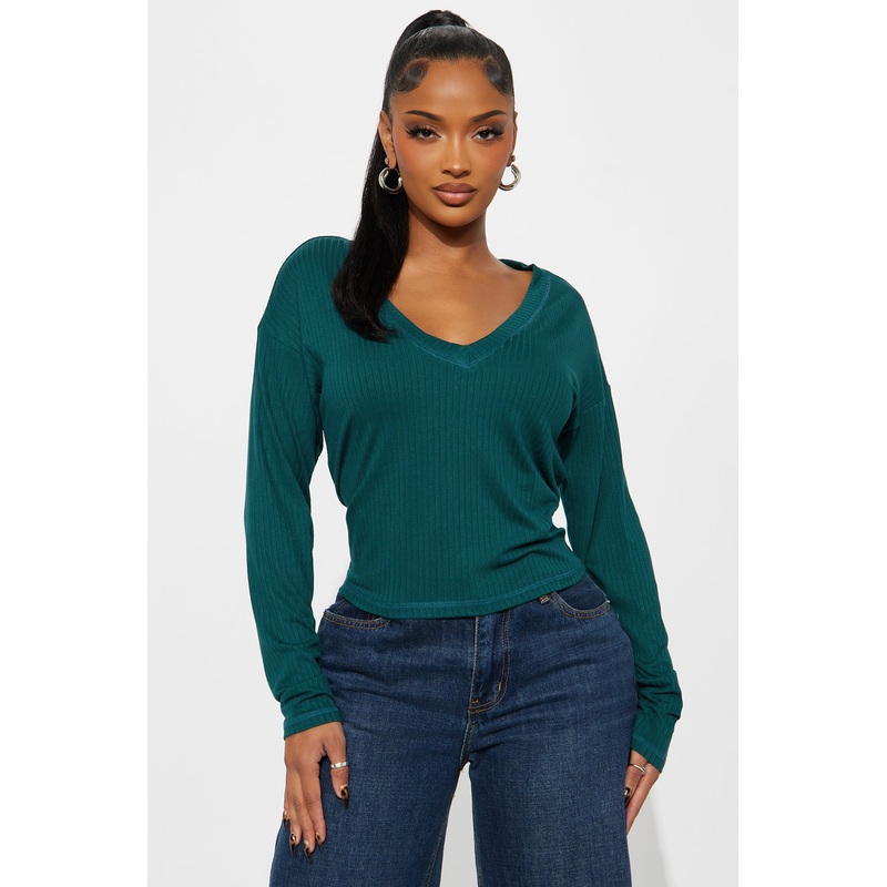 Bailey Basic V Neck Ribbed Top – Hunter Green