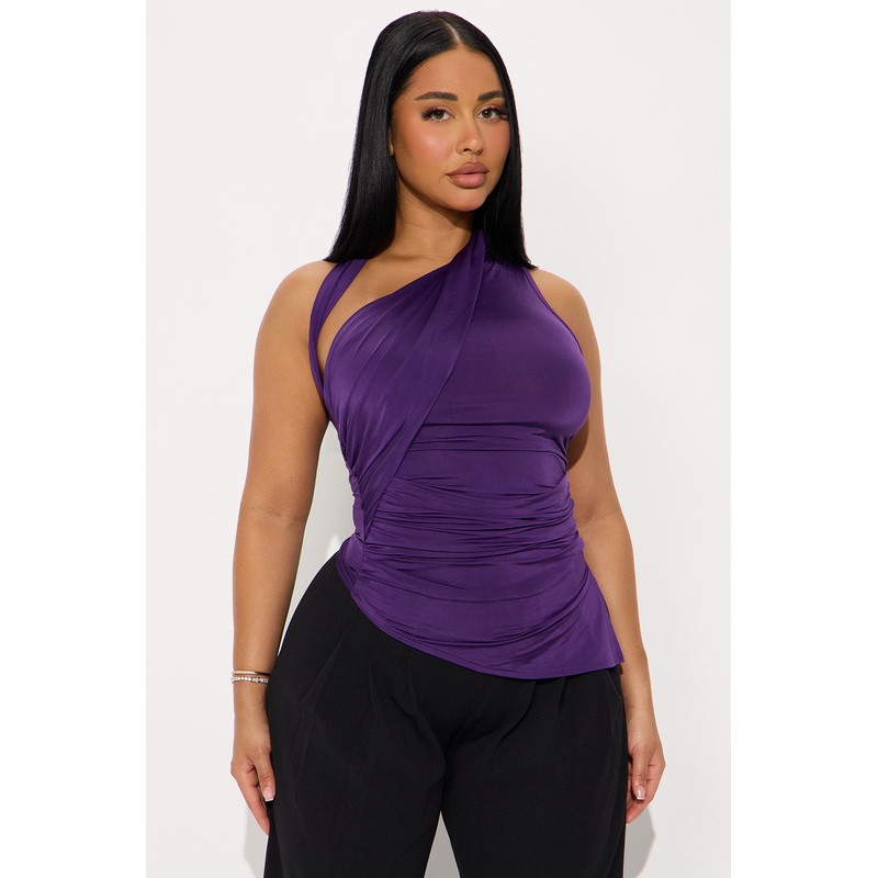 Aliza High Neck Ruched Top – Plum