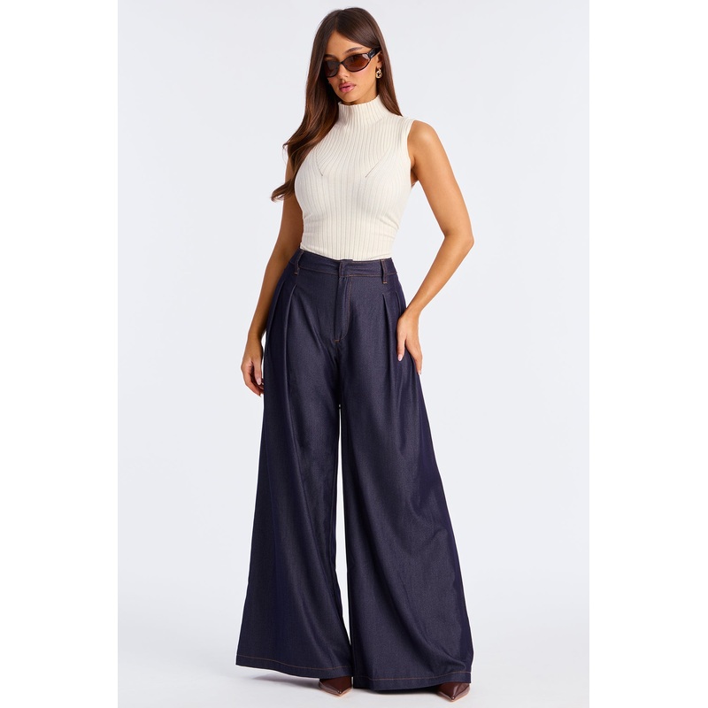 Amiah High Rise Chambray Wide Leg Pant 33 – Rinse Blue Wash