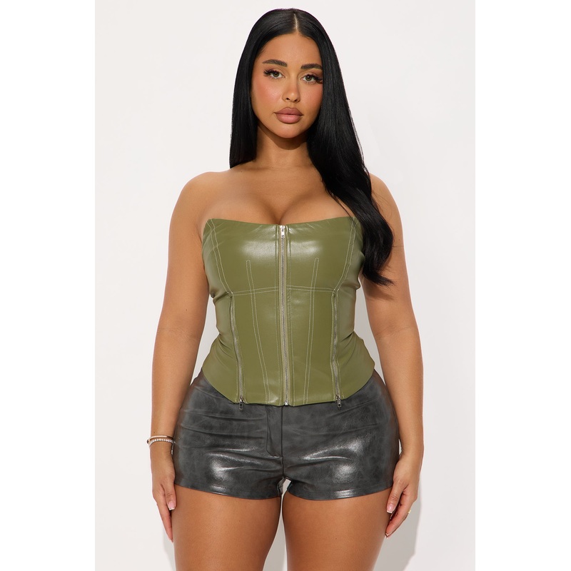 Bondi Faux Leather Corset Top – Olive