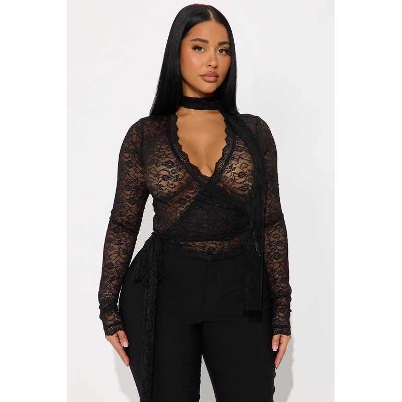 Going Separate Ways Lace Long Sleeve Top – Black