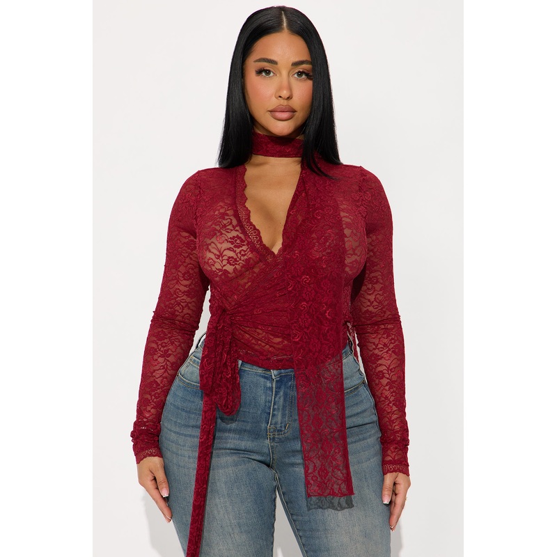 Going Separate Ways Lace Long Sleeve Top – Burgundy