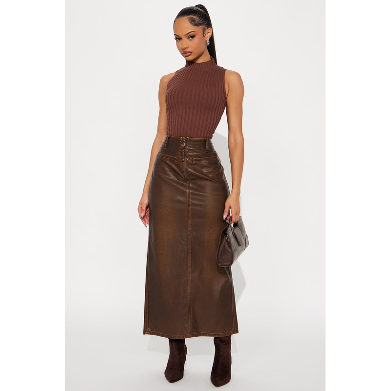 Bad To The Bone Washed Faux Leather Maxi Skirt – Brown