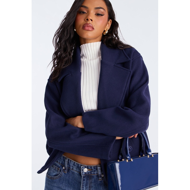 Barbara Cropped Double Breasted Coat – Navy