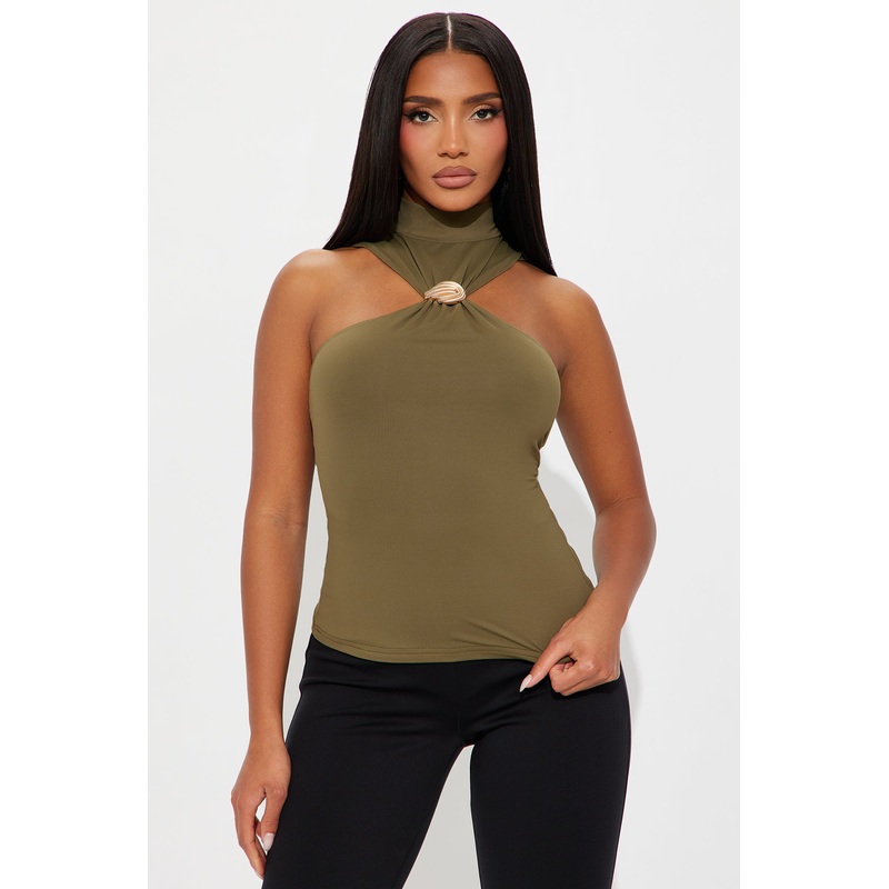 Aline Mock Neck Ruched Top – Olive