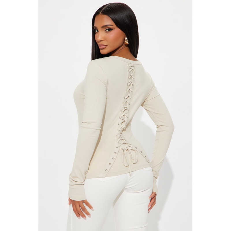 Bree Lace Up Ribbed Long Sleeve Top – Sand