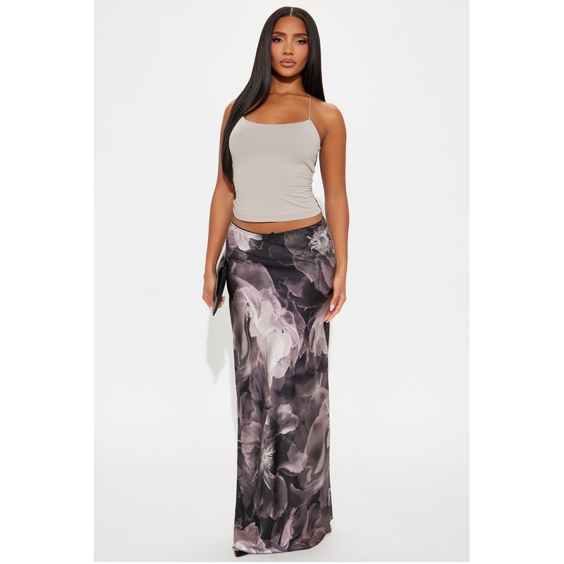 Bri Dark Floral Satin Maxi Skirt – Grey/combo
