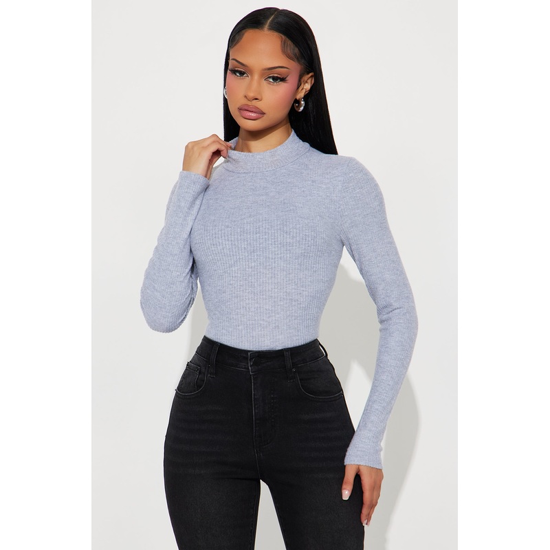 Jayla Mock Neck Ribbed Long Sleeve Top – Heather Grey