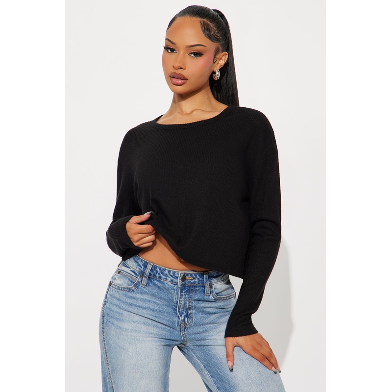 Odette Crew Neck Hacci Long Sleeve Top – Black