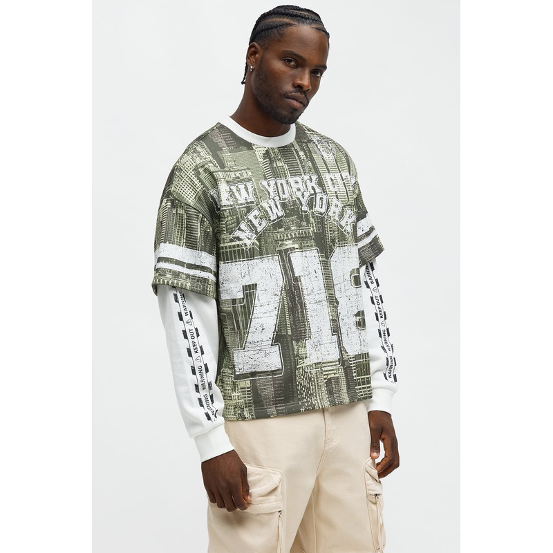 Oversized Concrete Jungle Skylines Long Sleeve Tee – Green/combo