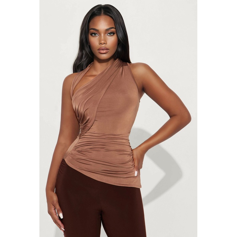 Aliza High Neck Ruched Top – Chocolate