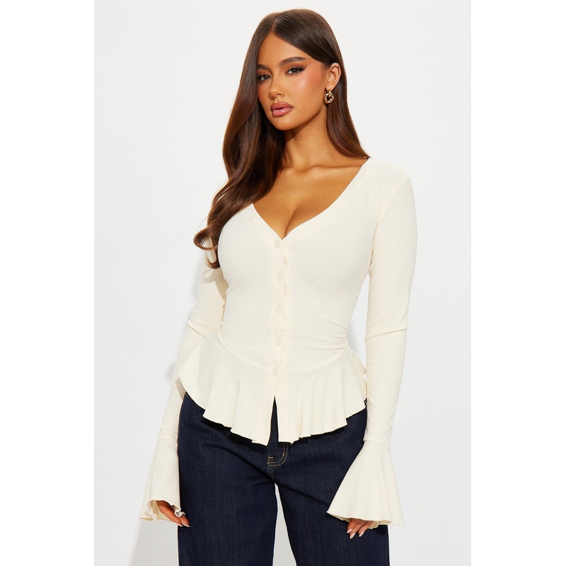 Arrow Long Sleeve Button Up Top – Ivory
