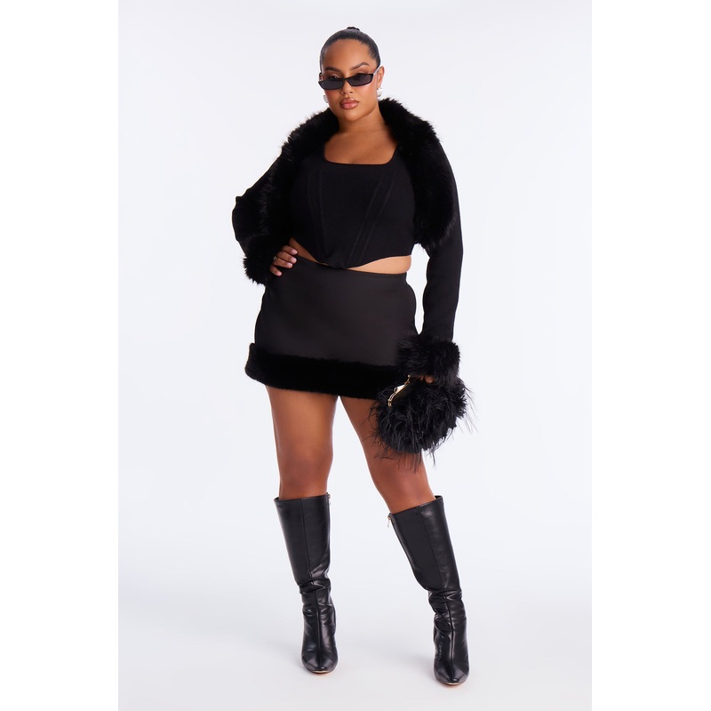 Cute And Cozy Wool Faux Fur Trim Mini Skirt – Black