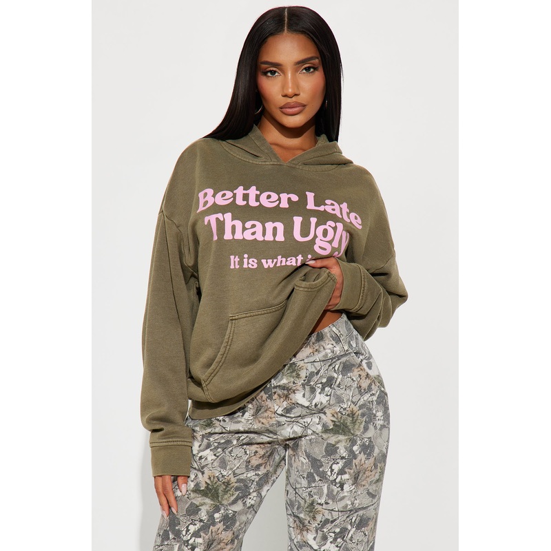 Better Late Than Ugly Washed Fleece Hoodie – Olive