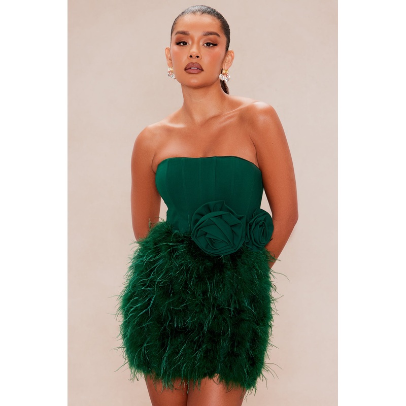 Raylene Feathered Mini Dress – Hunter