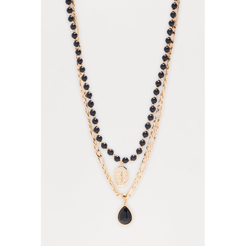 Vibe Check Beaded Cross Pendant Necklace Set – Gold/Black