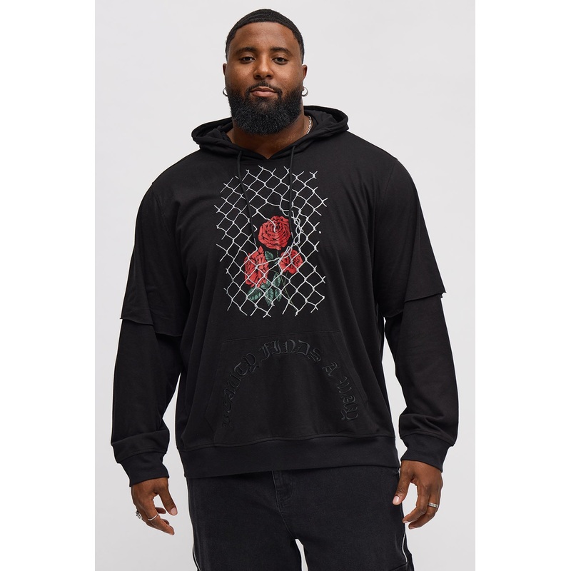 Graphic Hooded Twofer Shirt – Black