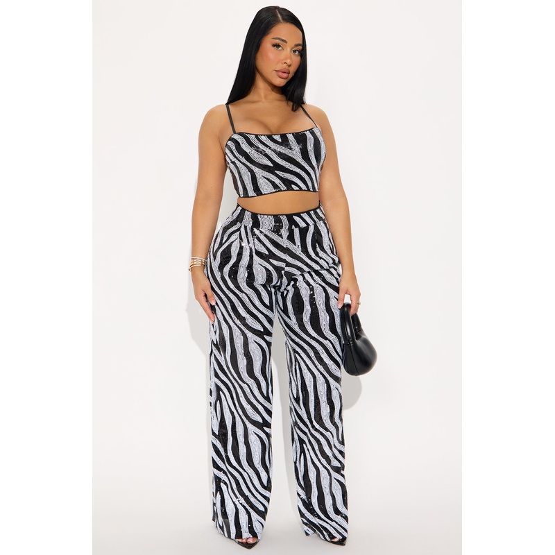 Wild Sparkle Zebra Sequin Pant Set – Black/White